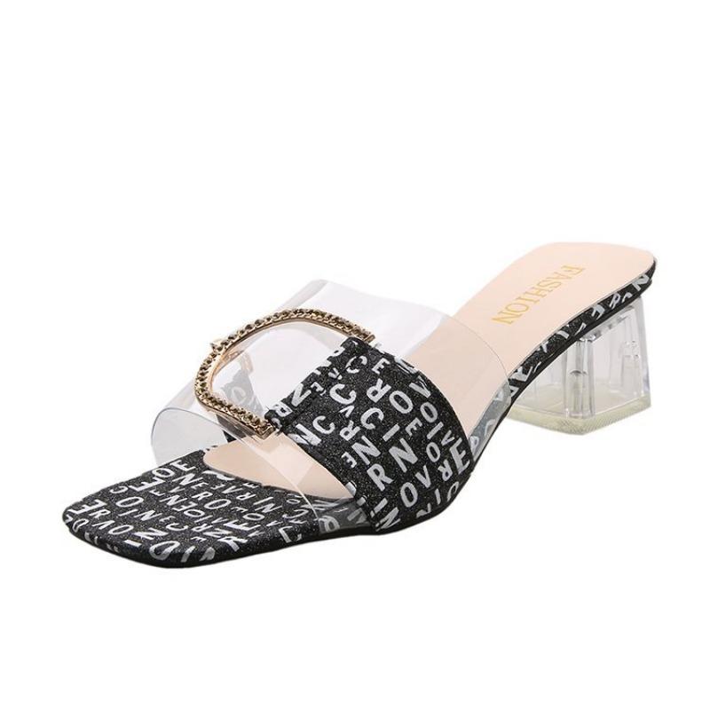 

Fashion Crystal Transparent Slippers Female Shoes Comfortable Middle Heels Women New Summer Shoes Woman Fashion Cool Letters Slippers 35 чёрный