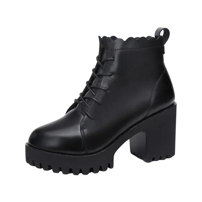 8cm Small Size 32-43 New Soft Leather Boots Platform Shoes Fall Winter 2025 Block High Heels Short Fur Ankle Boots Office Mom