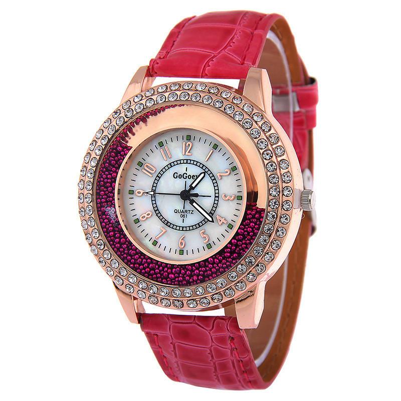 Fashionable Women's Quartz Watch With Rhinestones And Faux Leather Strap