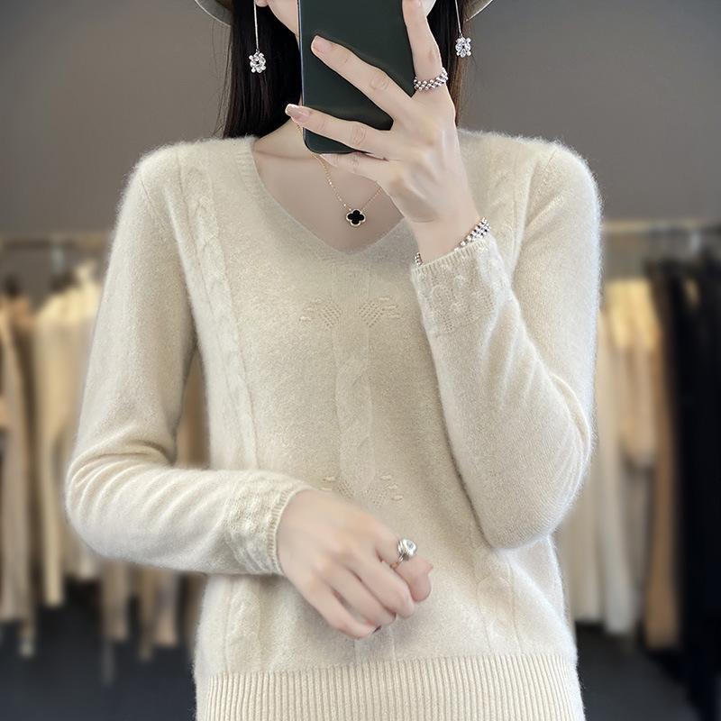 Spring Knitted Sweater, Pullover, V-neck Base Layer, Plush Sweater for Women