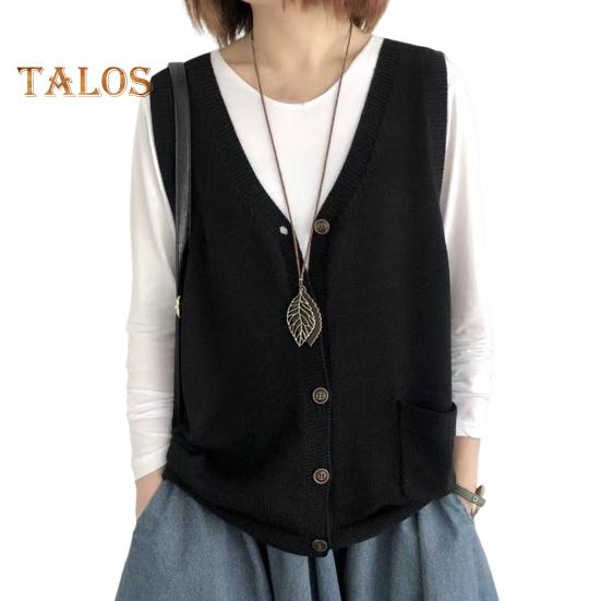 Damska kamizelka dziewiarska z dekoltem w serek, bez rękawów, jednorzędowa, ciepła, jednokolorowa, luźna, dzianinowa, bezrękawnik z kieszeniami