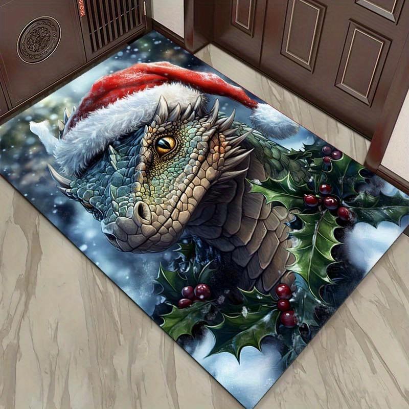 Christmas Dragon Rug Festive Holiday Carpets Green Dragon with Holly Berries Design Winter Seasonal Decor Skid resistant carpet