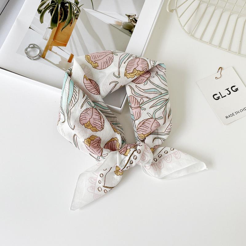 55 Cotton And Linen Headscarf Summer And Autumn Floral Silk Scarf Sweet Versatile Square Scarf Small Scarf Women'S Thin Decorative Silk Scarf