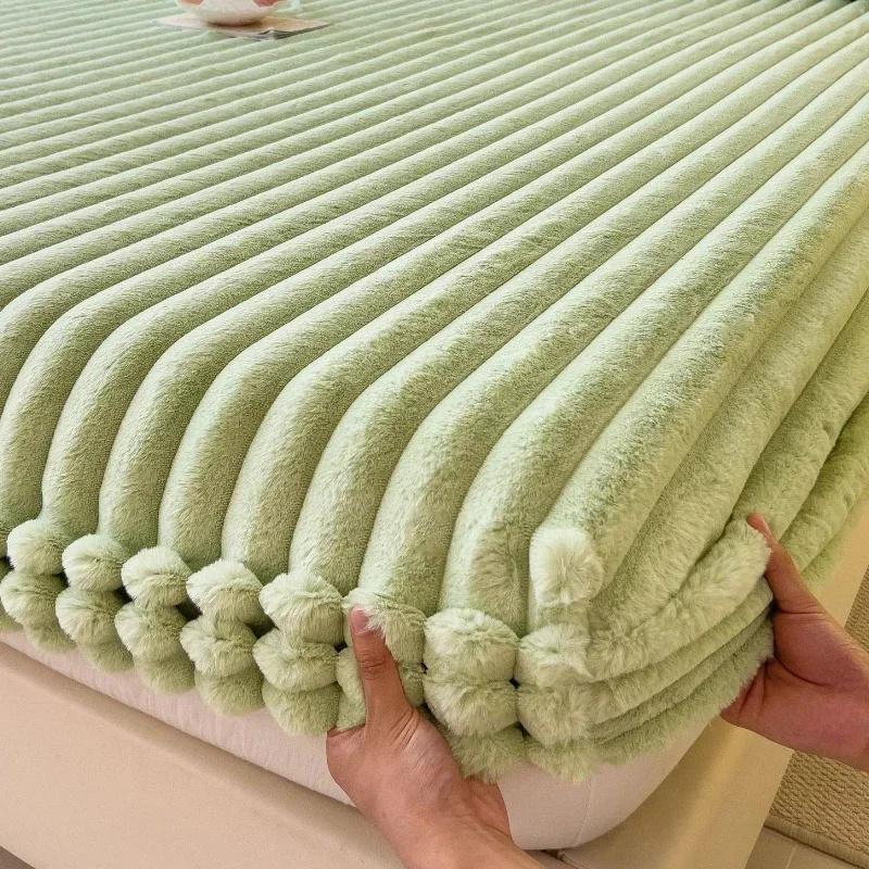 Bedding Set Fluffy Plush Fitted Sheet Rabbit Fleece Bed Sheets Velvet Taffeta Bed Cover Thicken Warm Fitted Sheet Winter Plush Mattress Cover