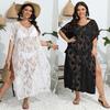 Womens Sheer Lace Cover-Up Dress Beach Vacation Swimwear Top Irregular Hem V-Neck Plus Size