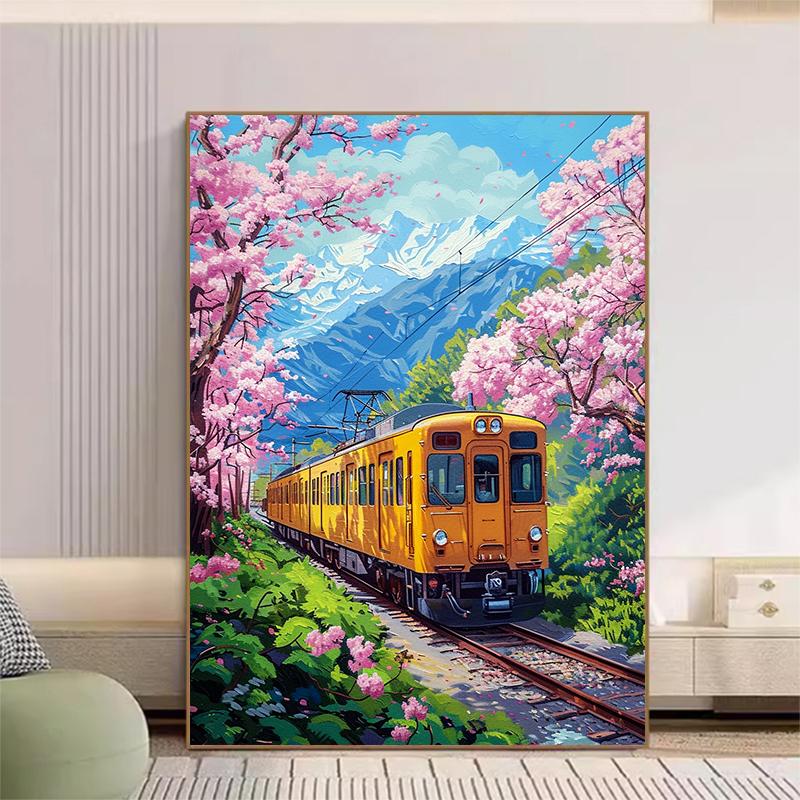 5d DIY Diamond Painting Cross Stitch Tram Peach Blossom Scenery Diamond Embroidery Mosaic Full Round Drill Home Decor