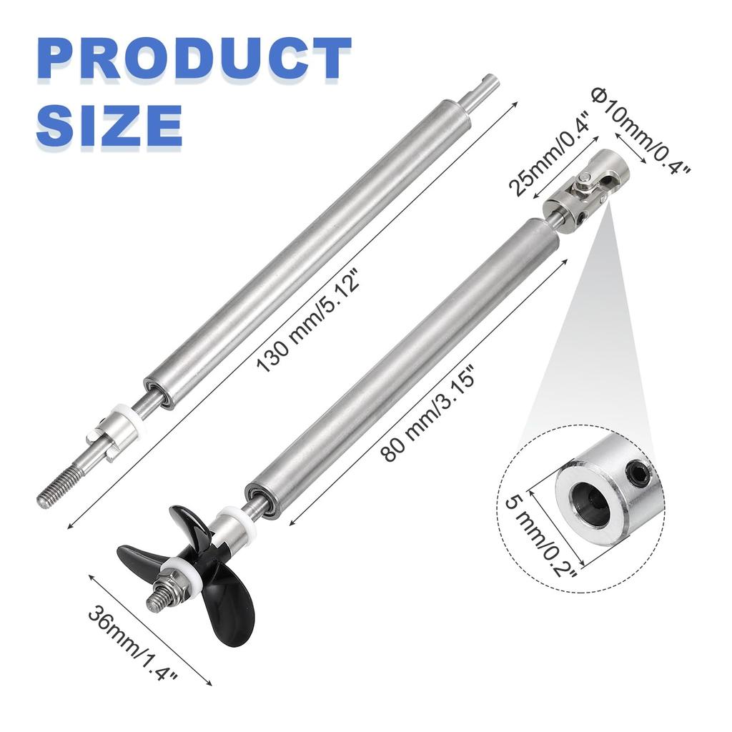 uxcell RC Boat Drive Shaft W Propeller and Universal Joint Assembly Kit, 130mm L Shaft, 80mm L Sleeve, 36mm D Three Propeller, 5mm Motor Shaft
