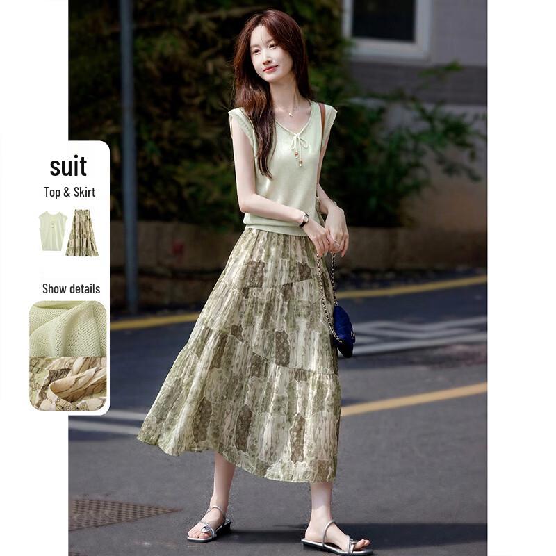 Summer Tie-Neck Knit Top & High-Waist Skirt Set M