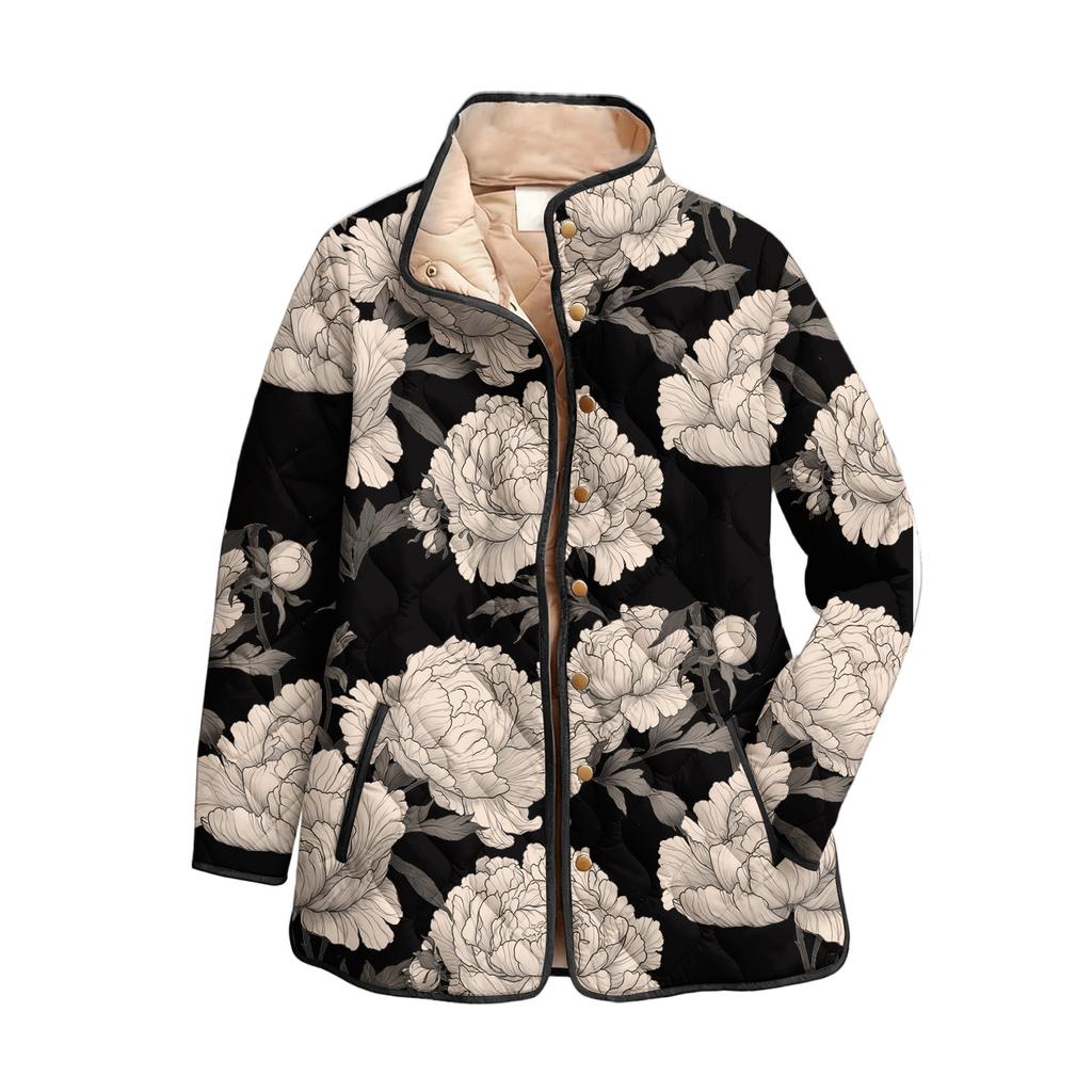 Women's Floral Print Stand Up Collar Pleated Cotton Long Sleeved Button Cotton Jacket