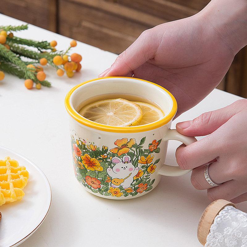 Cute Cartoon Ceramic Cup Water Cup Milk Cup Breakfast Cup Children's Cup Flowers Bunny Girls Gift Cup