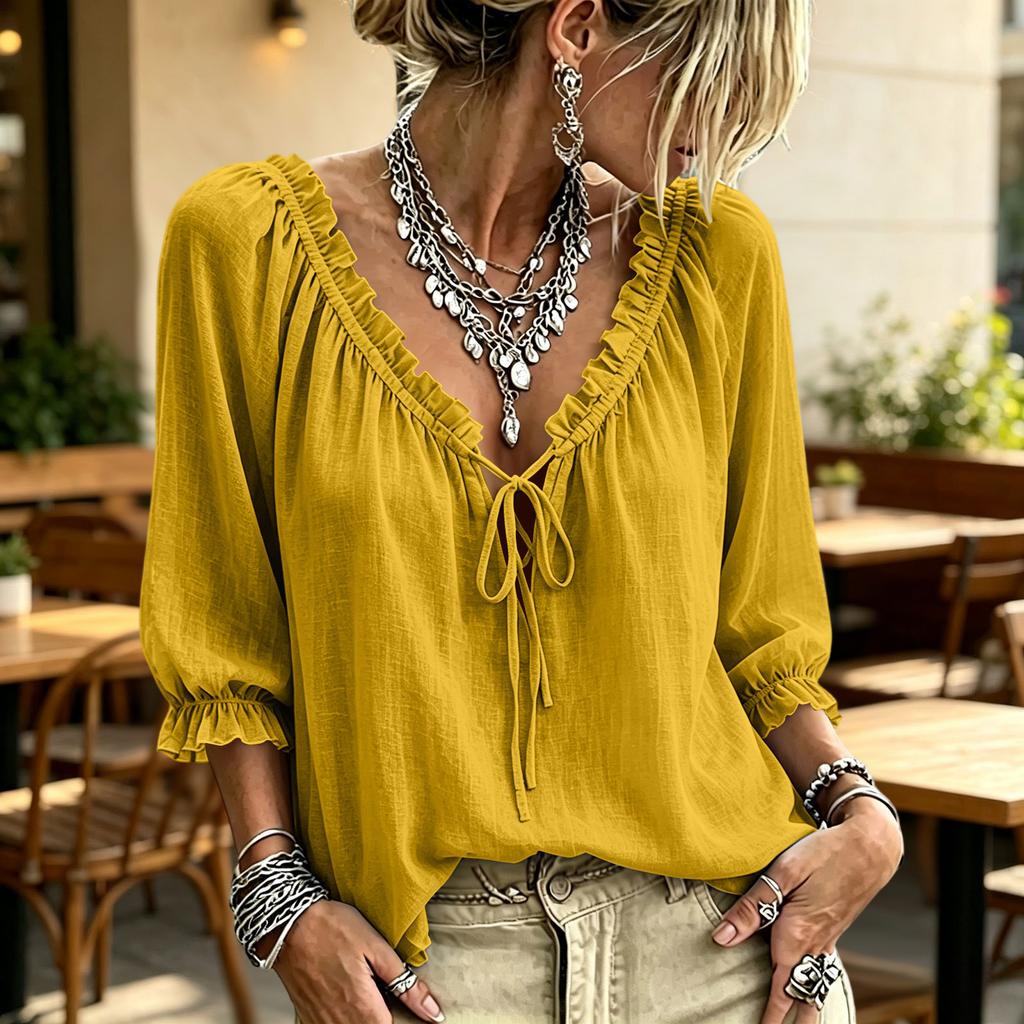 Damen Casual Farbige V-Ausschnitt Bluse mit Rüschenbesatz und Bindeband