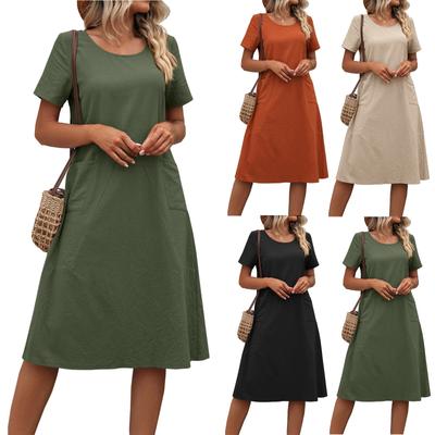 Women's Fashion Summer Loose Solid Color Splicing Round Neck Short Sleeve Pocket Dresses