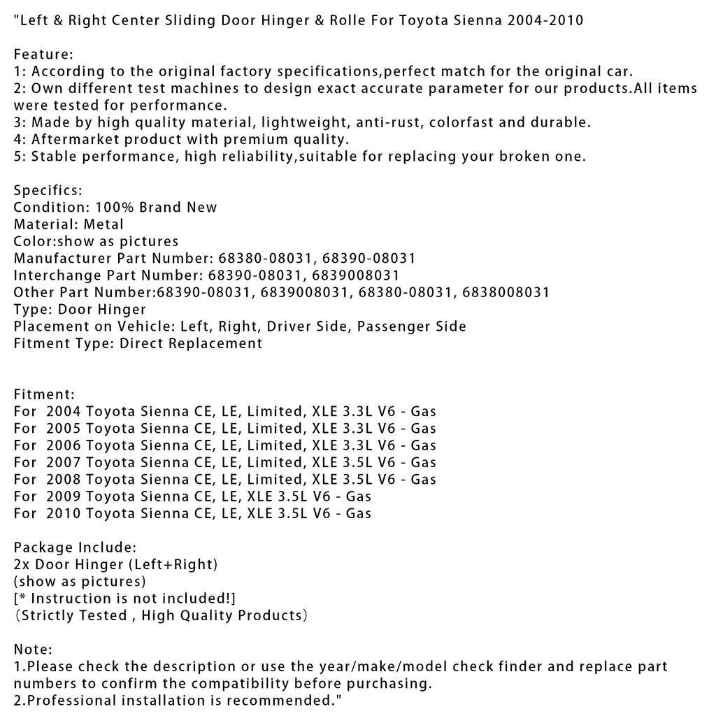 Left & Right Center Sliding Door Hinger & Rolle For Toyota Sienna 2004-2010