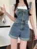 Retro Ruffled High-Waist Denim Overalls for Women - Summer Slimming Jumpsuit Shorts, American Style