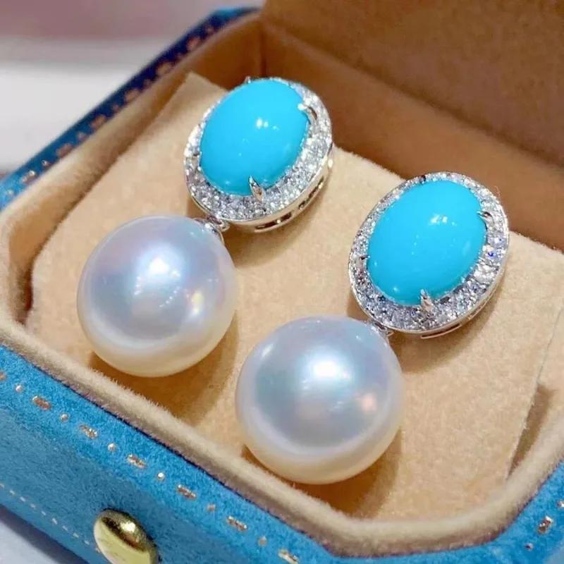 Luxus Runde Imitation Perlen Ohrringe für Damen Silberfarbenes Metall Eingelegt Blauer Stein Zirkon Hängende Ohrringe Damen