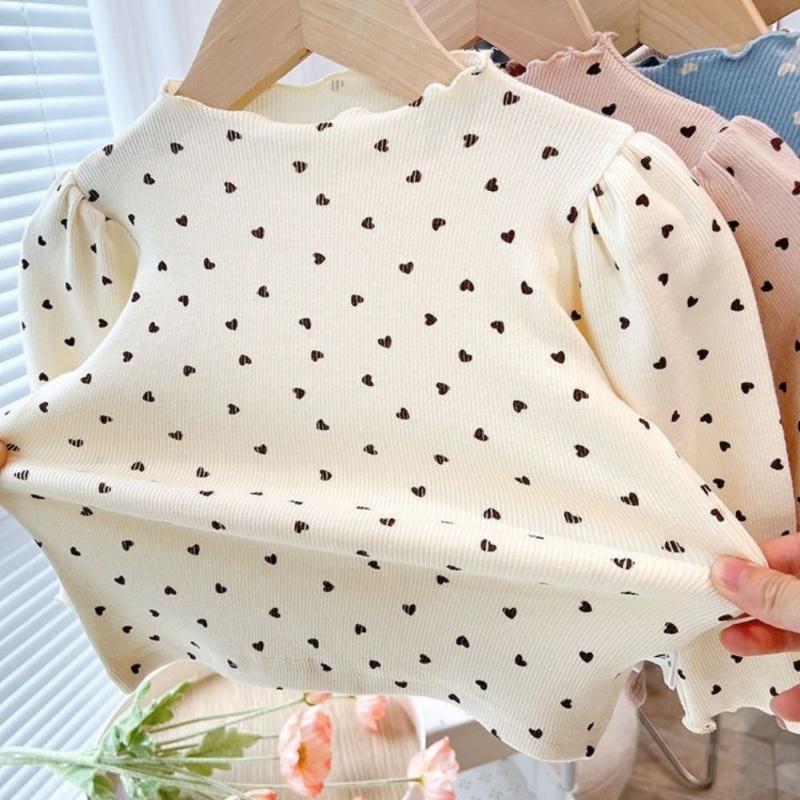 Baby Girl Long Sleeved Top Children's T-Shirt Puff Sleeve Heart-Shaped Printed Kids Top