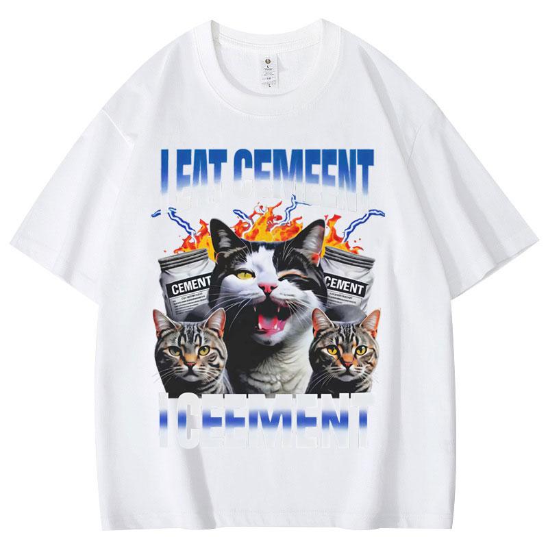 I Eat Cement Cursed Cat Funny Vintage Meme T Shirt Fashion Short Sleeve T-shirts Men Women Clothing High Quality Cotton T-shirt