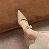 Cowhide light luxury style pointed bow strap with thick heel sandals, versatile for women's commuting
