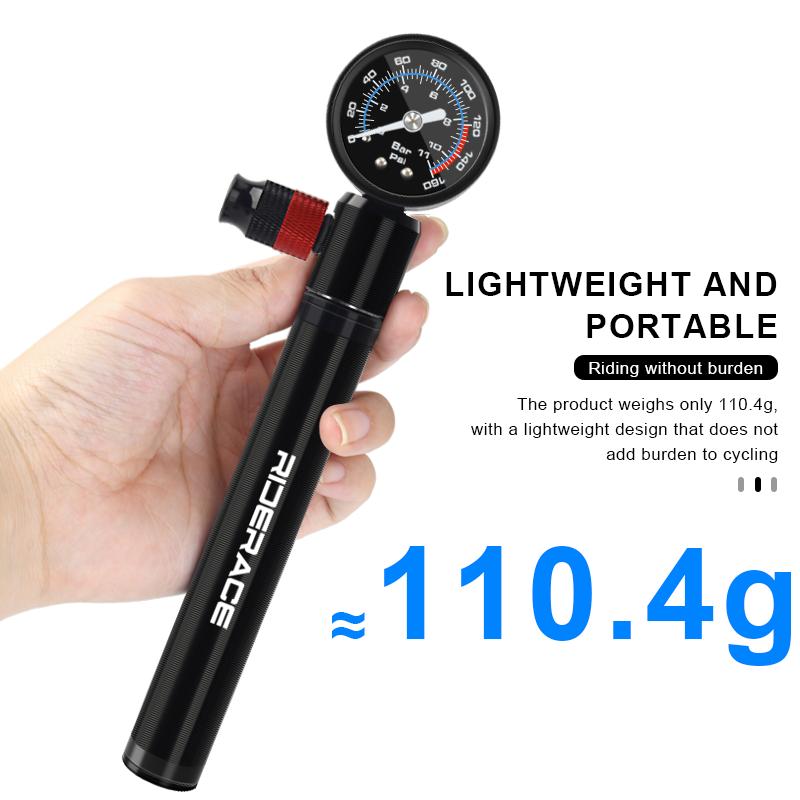 RIDERACE Bicycle Pump With Gauge Portable Aluminum Alloy Hand Tire Air Inflator Bike Air Shock Pump AV FV Presta Schrader Valve
