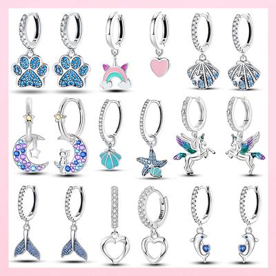 Luminous Shell Women Earrings Original 925 Silver Pave CZ Star Moon Hoop Earrings Engagement Wedding Jewelry