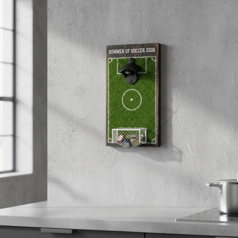 Soccer Field Bottle Opener Wall Decor, Magnetic Wall Mounted Beer Bottle Opener With Cap Catcher, Wooden Soccer Field Sign