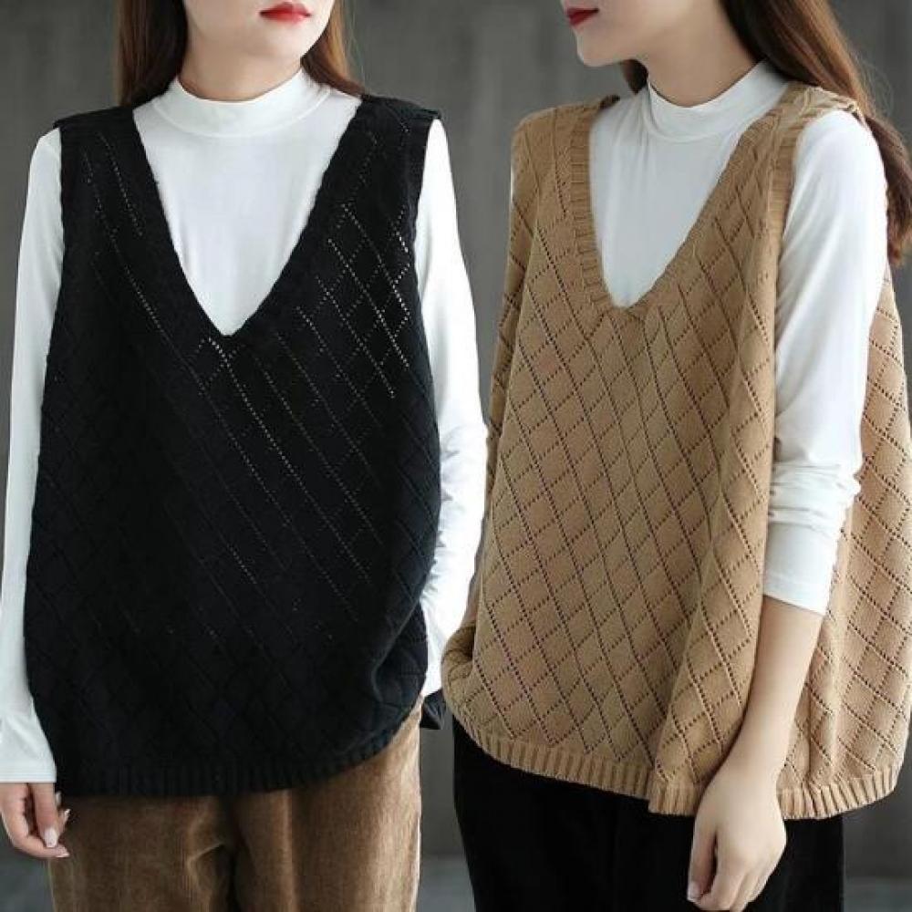 New ArriVals Open Run Ninmanel Punching Detail Sweater Women V Neck oVerfit