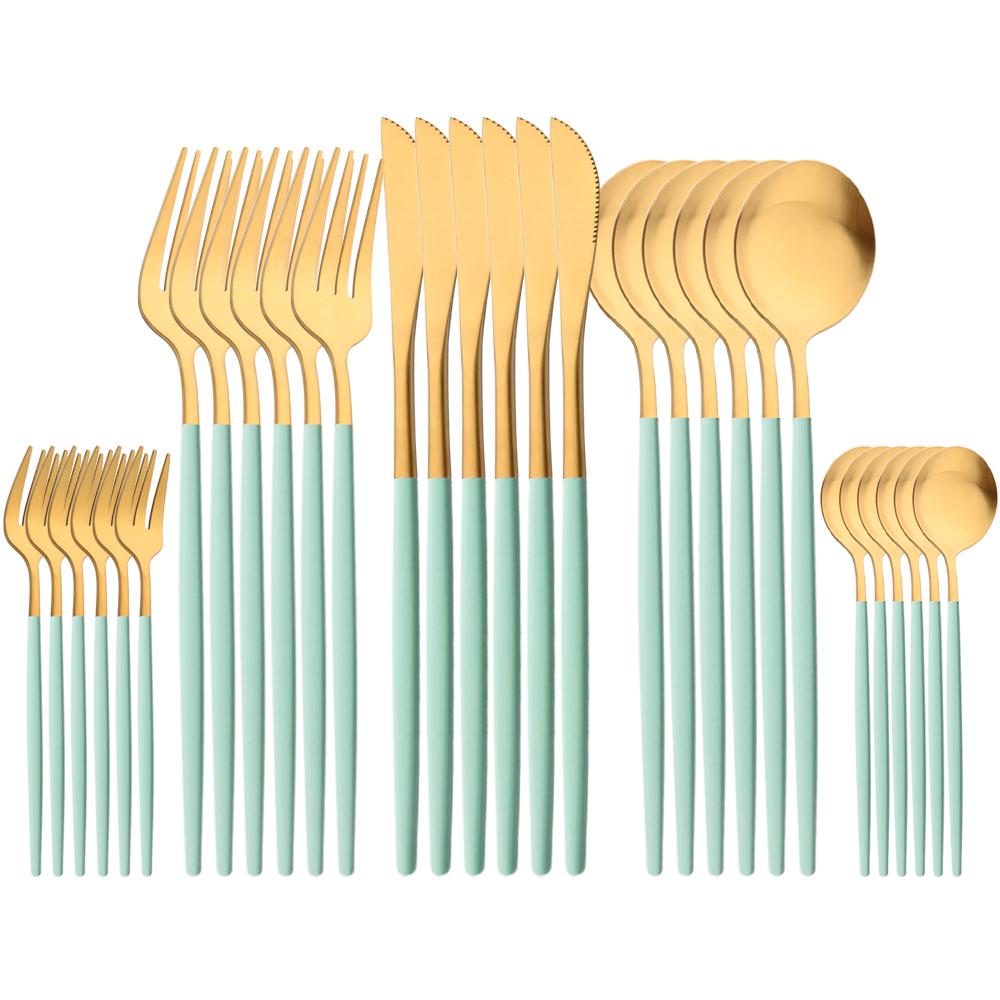 30-piece Black Handle Gold Cutlery Set Matte Finish Dinnerware Set Stainless Steel Knife Fork Spoons Kitchen Utensils Complete