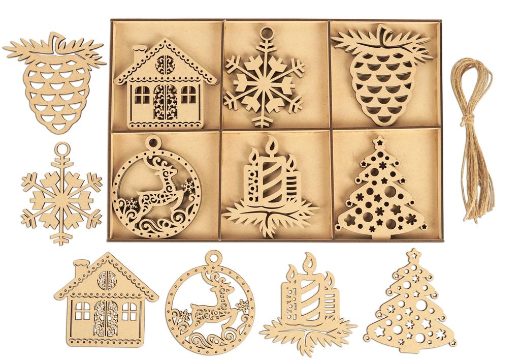 Inkdotpot 18ks vánoční ozdoby, nedokončené dřevěné laserové výřezy ozdoby ve tvaru stromku/zvonku Závěsná ozdoba