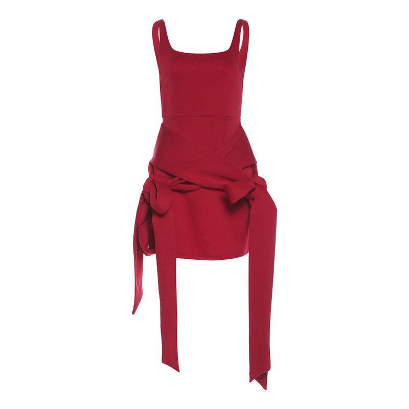

Cross-Border European and American Style 2025 Winter New Women s Fashion Niche Design Retro Slim-Fit Bowknot Strap Dress Red S