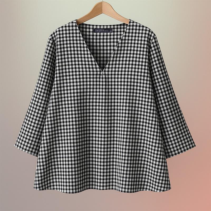 

ZANZEA Женская повседневная блузка с V-образным вырезом, рукавом 3/4 и свободным кроем, с принтом в клетку S чёрный