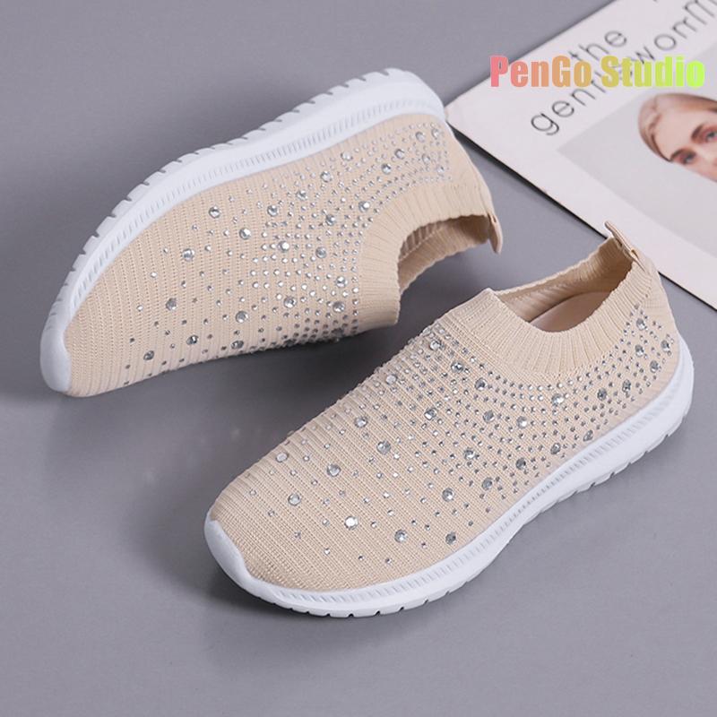 9 Colors Rimocy Shining Crystal Flats Women Spring Breathable Knit Platform Sneakers Woman Comfortable Soft Bottom Non -Slip Sports Shoes