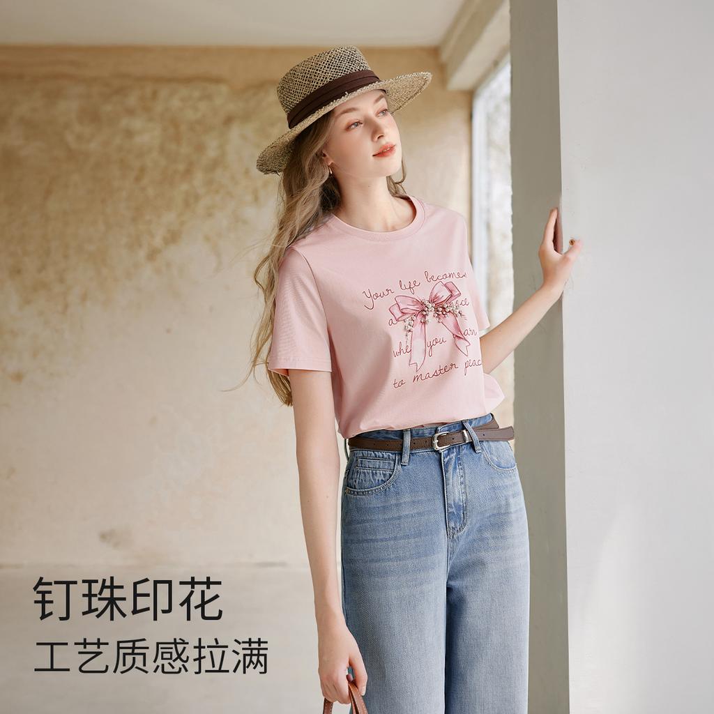 Fragrant Shadow Bow Printed Short-sleeved T-shirt for Women