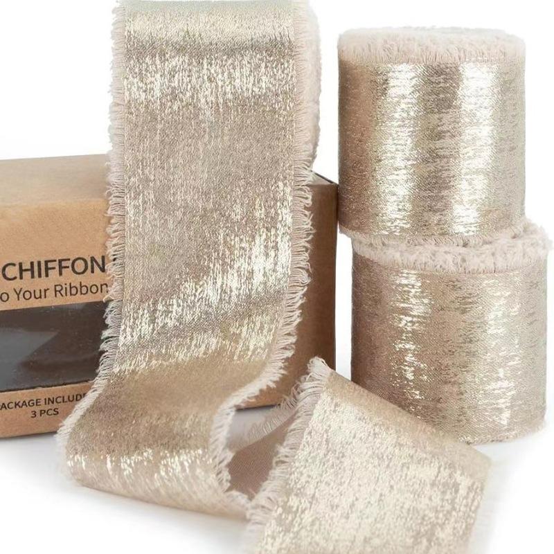 5 Yards Frayed Edged Satin Handmade Bronzing Ribbon for Wedding Invitation Bouquets Birthday Party DIY Decoration Gift 3Roll