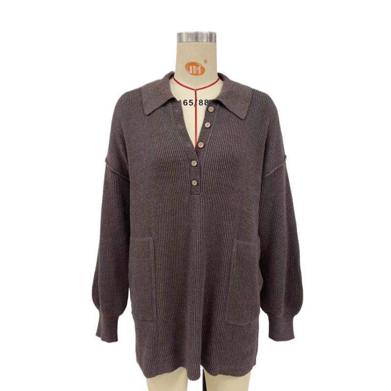 

IHUASU Осенне-зимний женский однотонный свитер с воротником-поло и пуговицами, трикотажный свитер средней длины, пальто-свитер XL коричневый