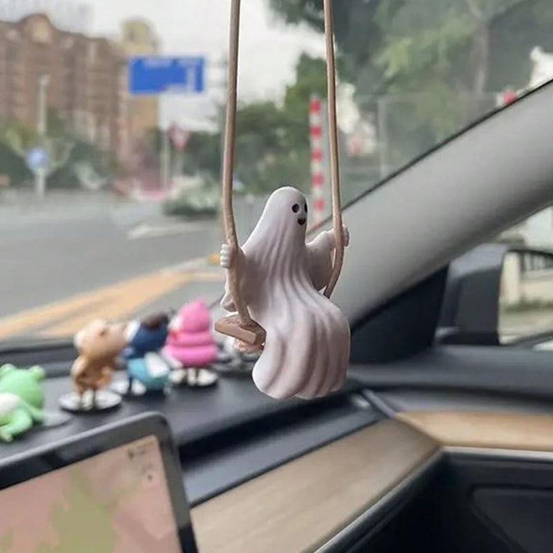 White PVC Swing Ghost Car Pendant - Rearview Mirror Decoration
