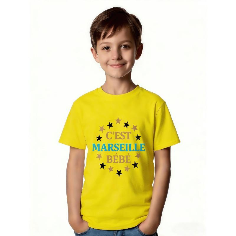 European Size Childrens Round-neck Short-sleeved T-shirt with Unique English Patterns C'EST MARSEILLE BEBE Kids