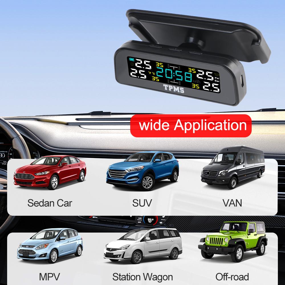 0-3.5Bar Digital Clock Car Tire Pressure Monitoring System Solar USB TPMS Rotating Holder T12 Temperature Warning Fuel Save