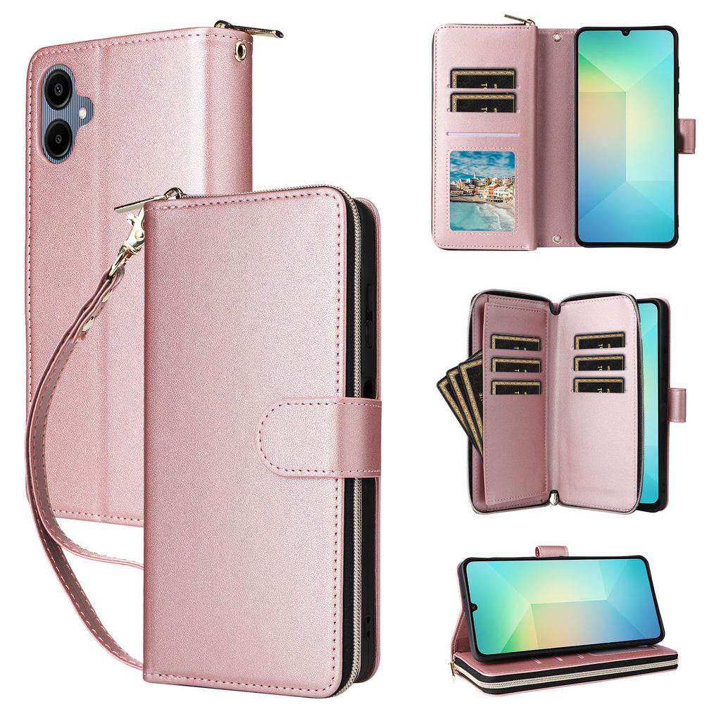 R20 For Samsung Galaxy A06 4G Case Zipper Pocket PU Leather Cover with 9 Card Slots