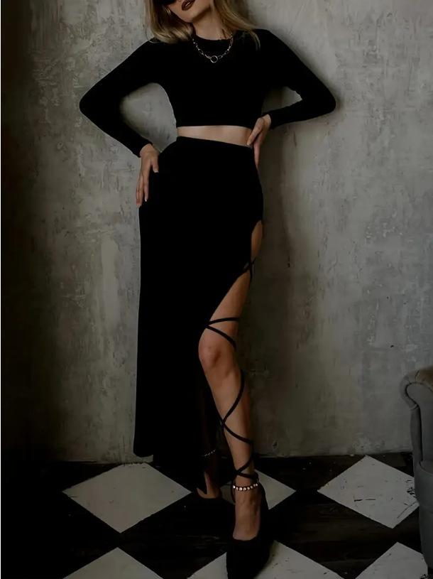 Women's Autumn Solid Color Long Sleeve Top & Slim Fit Slit Lace-up Skirt Set