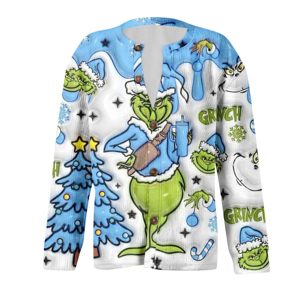 Women's Fashion Christmas Printed Long Sleeve Knitted Cardigan Button Down Jacket