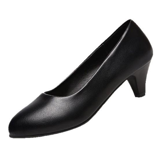 2025 New Spring Mother Single Shoes Women's Shallow Mouth Middle Heel Round Head Women's Shoes Soft Leather Soft Sole Versatile Leather Shoes Work 