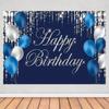 2D Blue Silver Happy Birthday Backdrop Luxury Crystal Design for Adult Birthday Party Banner