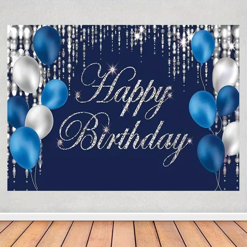 2D Blue Silver Happy Birthday Backdrop Luxury Crystal Design for Adult Birthday Party Banner