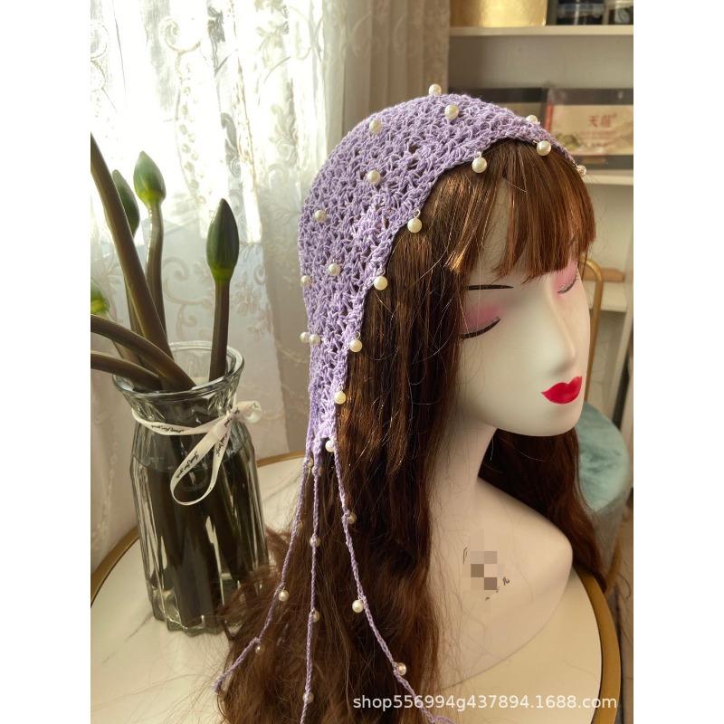 Spring and summer handmade hat women's pearl fringed hook knitted hat retro hollow headgear versatile headscarf hat