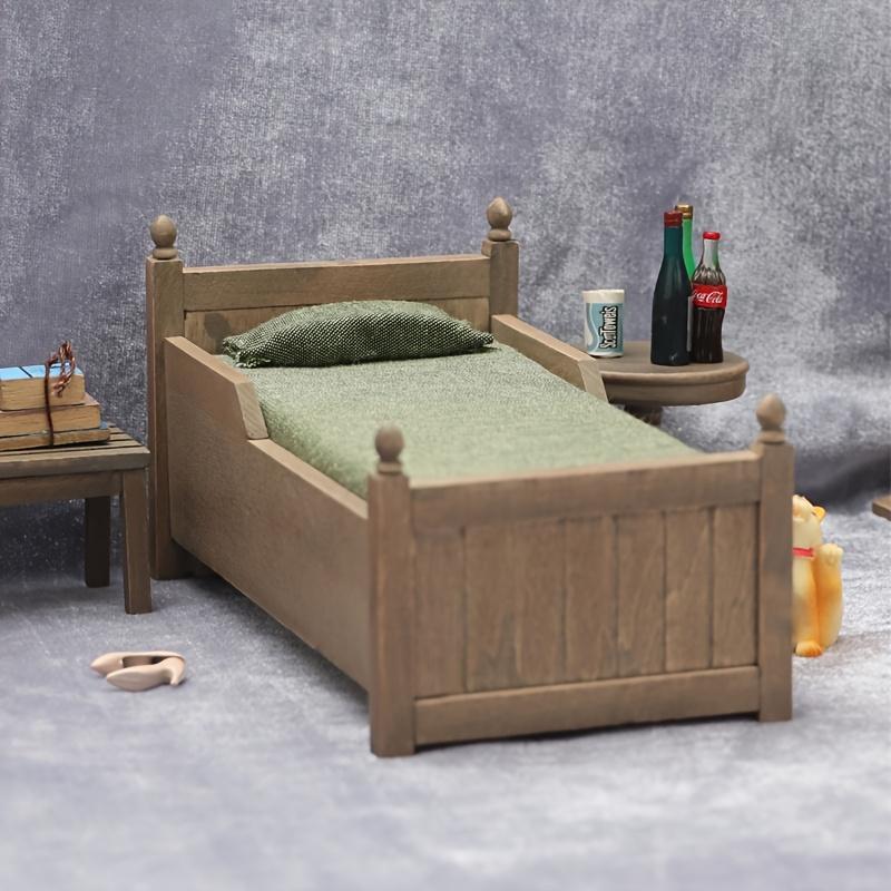 1set Miniature Bed with Drawer-1:12 Wooden Furniture-Bedroom Bedding Furniture Accessories with Pillow & Mattresses-Vintage Mini House Decoration