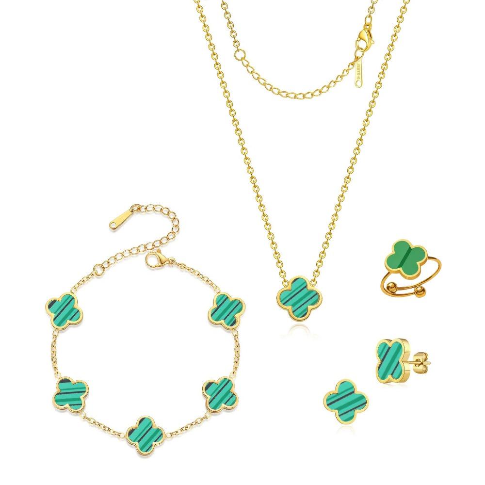 Ensemble Collier Boucles d'Oreilles Bague et Bracelet Trèfle à Quatre Feuilles Double Face Nacre 13mm Acier Titane