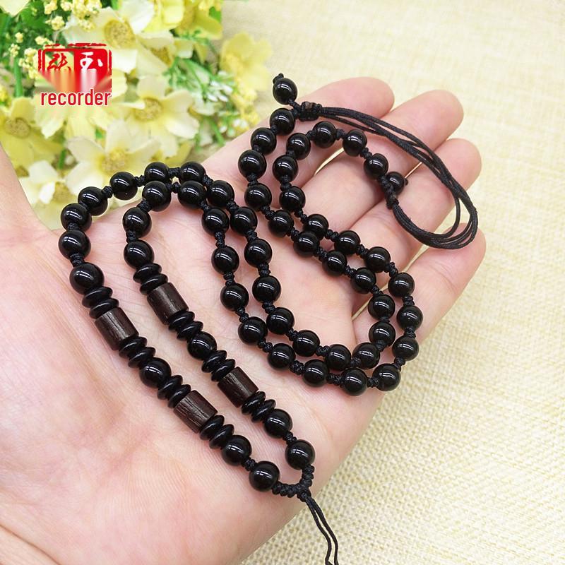 Hand-woven Jade Pendant Necklace with 6mm Black Beads and Red Sandalwood Barrel Accents