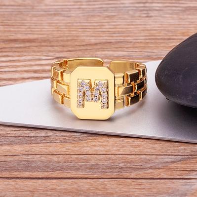 New Arrival Fashion Gold Color Initial Ring Open Design Adjustable Hot Sale Watchband Chain A-Z Letters Zircon Rings For Women