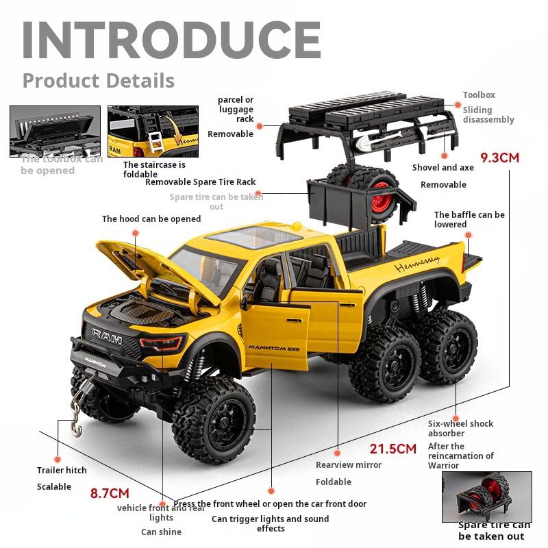 1:24 Scale Raw Metal T-Rex & Mammoth Pickup Truck Model Large Alloy Off-Road Vehicle Pull Back Collectible Figurine & Gift