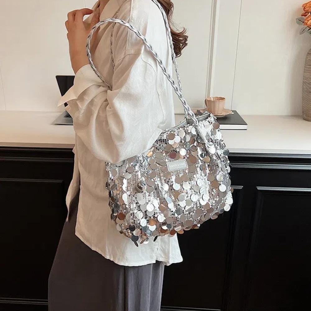 New Sparkling Sequin Shoulder Bags Large Capacity Zipper Closure Fashion Handbag Solid Color Tote Bag Women